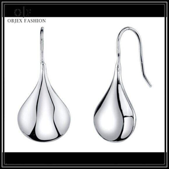 Objex Fashion, New, Shiny Polished Lotus Teardrop Earrings in .925 Silver - Picture 1 of 5